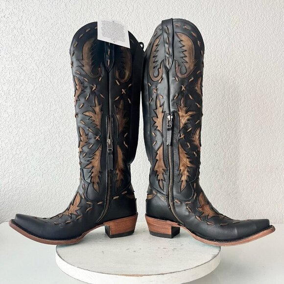 Lane Reverie Knee High Womens Cowboy Boots 6 Black Brown Western Cowgirl Lace Up - Picture 7 of 11